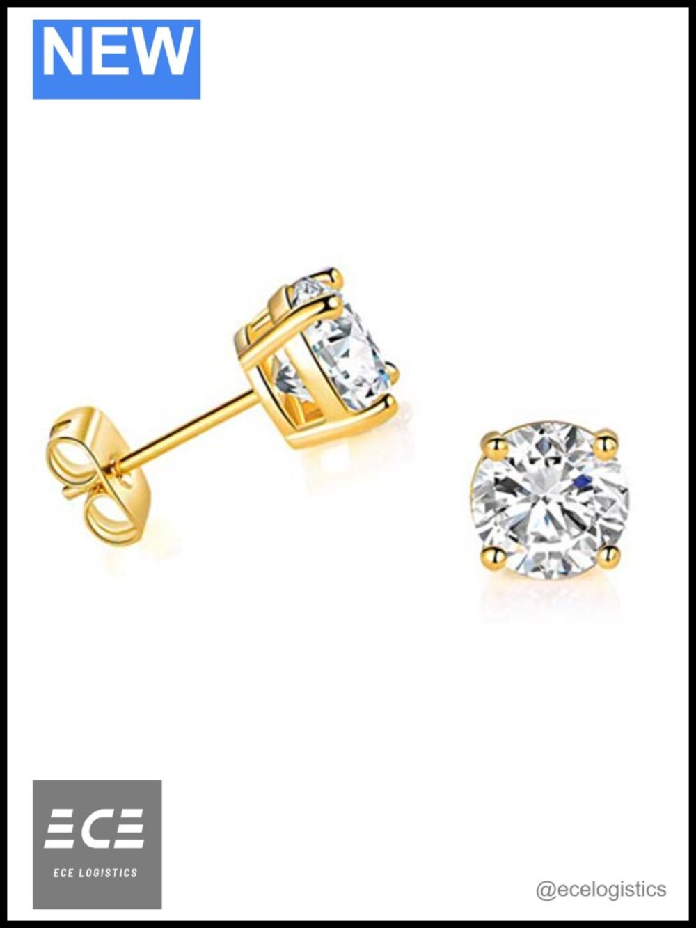 Solid 14K Yellow Gold Round Cubic Zirconia Stud Earrings Push Backs